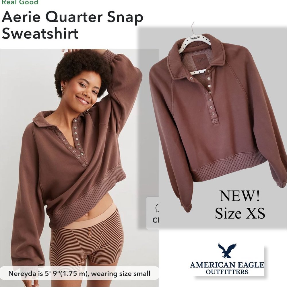 NEW! AE Aerie Real Good Fleece Quarter Snap Sweatshirt Bubble Sleeves Brown XS